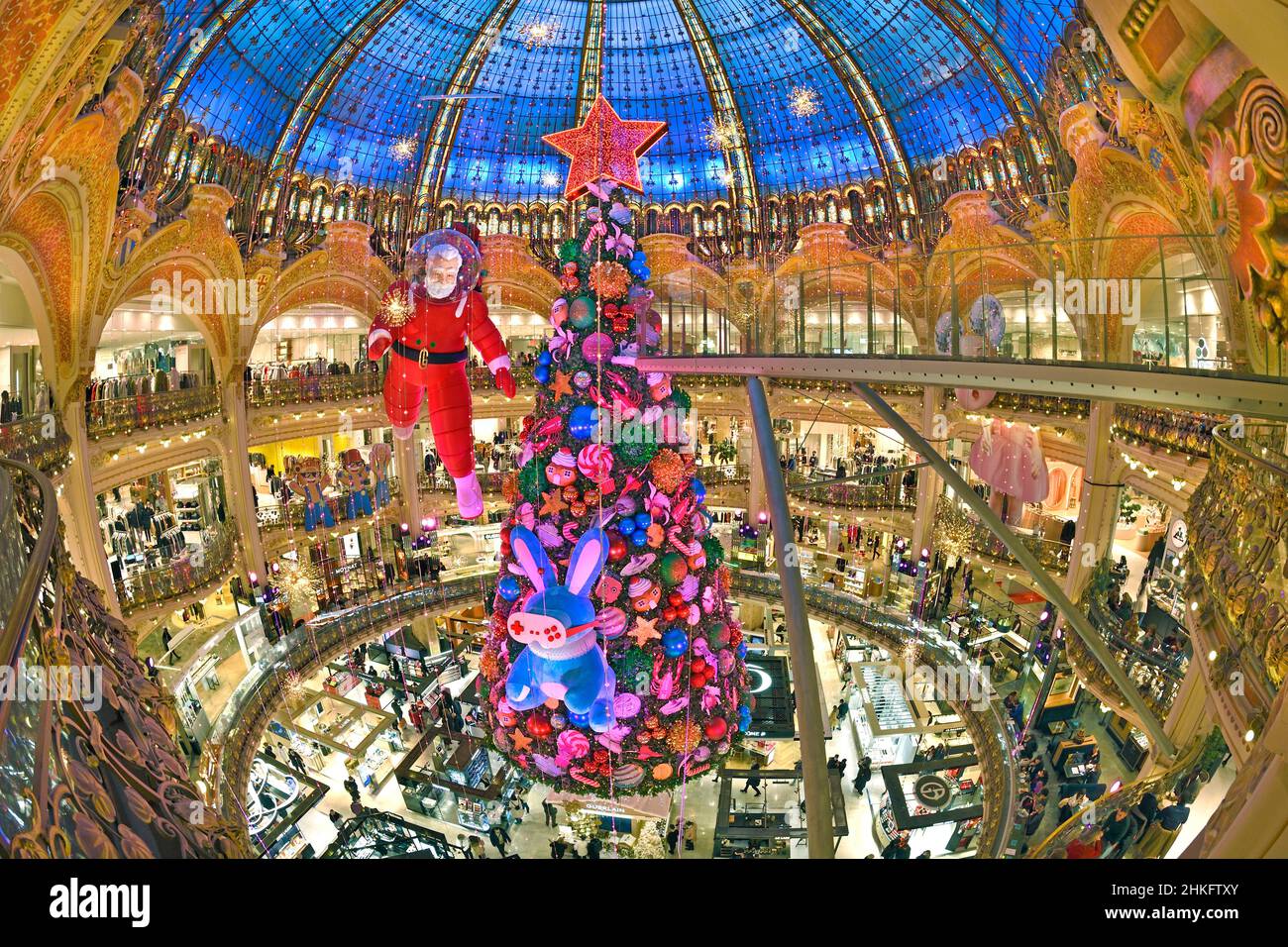 France, Paris, boulevard Haussmann, the department store of the Galeries Lafayette and its Cristmas tree Stock Photo