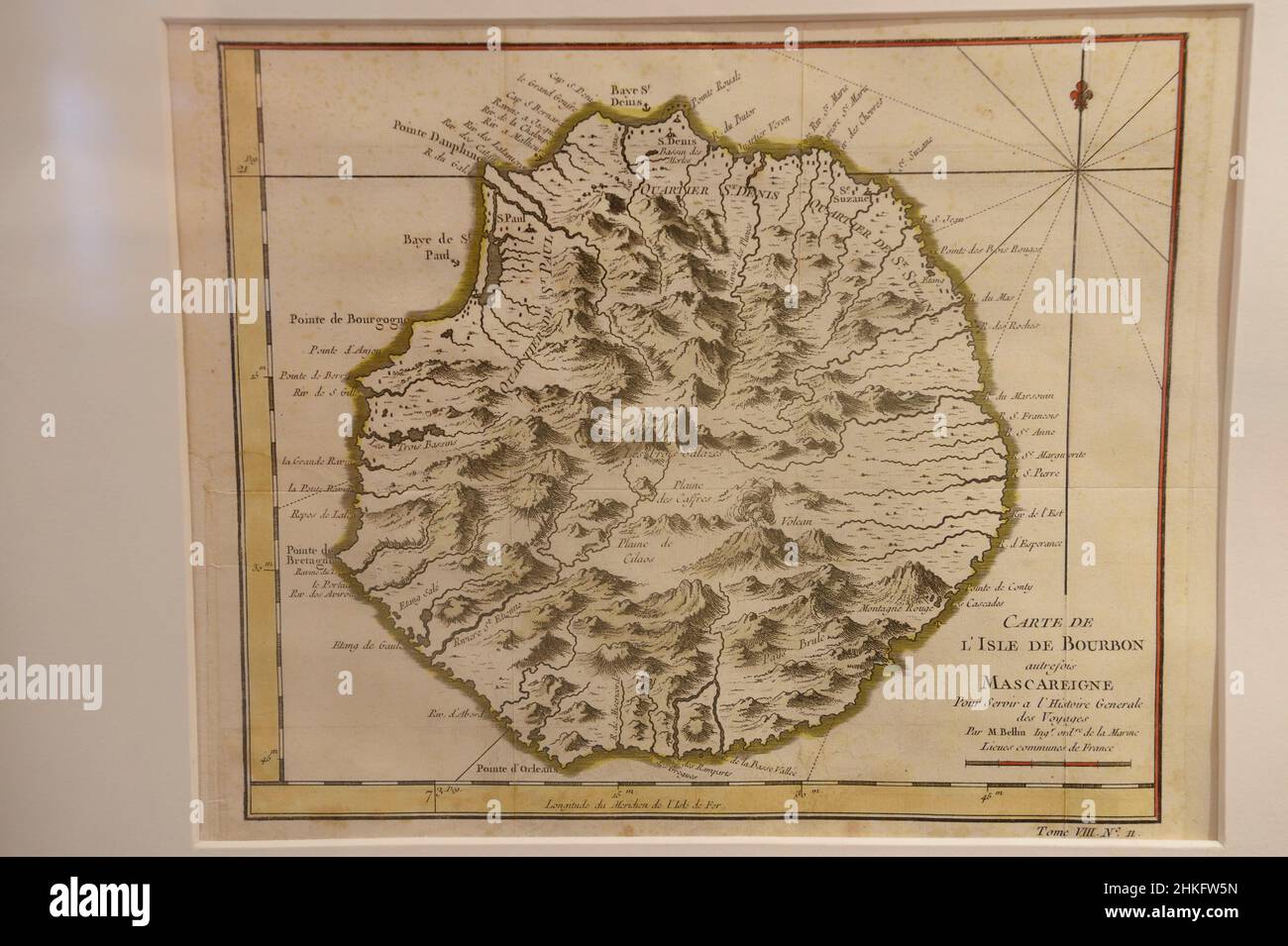 France, Reunion island (French overseas department), Saint Gilles les Hauts, Villèle Museum in the Panon-Desbassyns estate, old map of Ile Bourbon (Reunion island) formerly Mascareigne by cartographer Jacques-Nicolas Bellin, 18th century Stock Photo