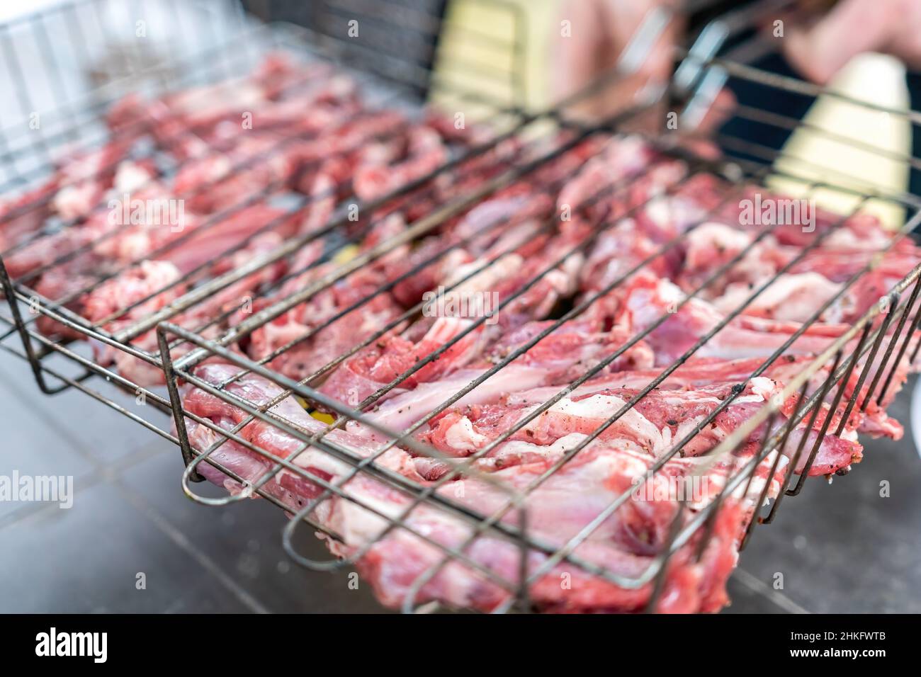 Lamb ribs cooked over an open fire, close-up. Lamb chops Grilling ...