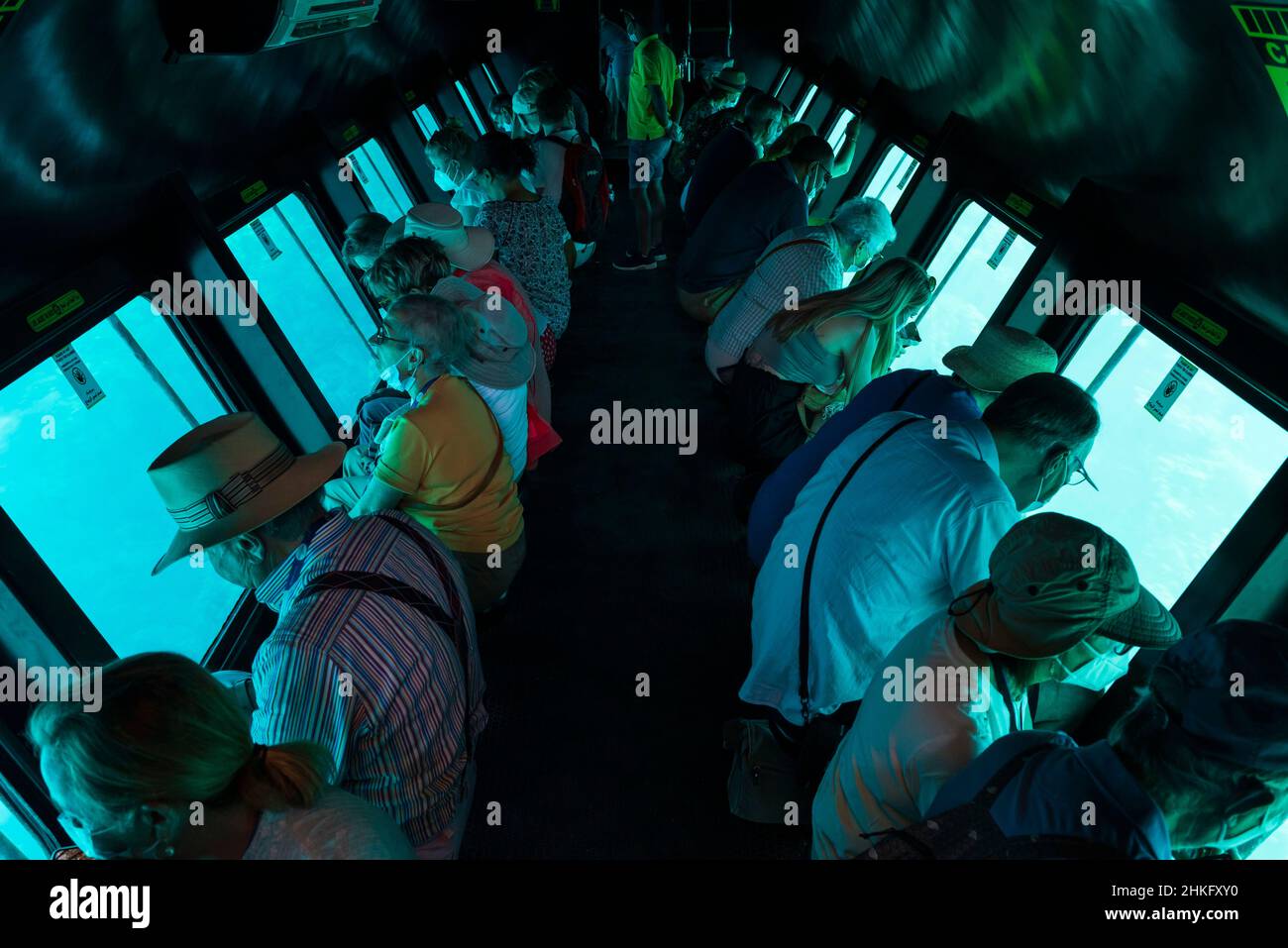 Egypt, Red Sea Governorate, Hurghada, tourists aboard a semi submersible boat Stock Photo