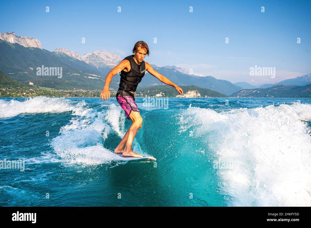 France, Haute-Savoie (74), Annecy, Lake Annecy, wakesurfer Stock Photo