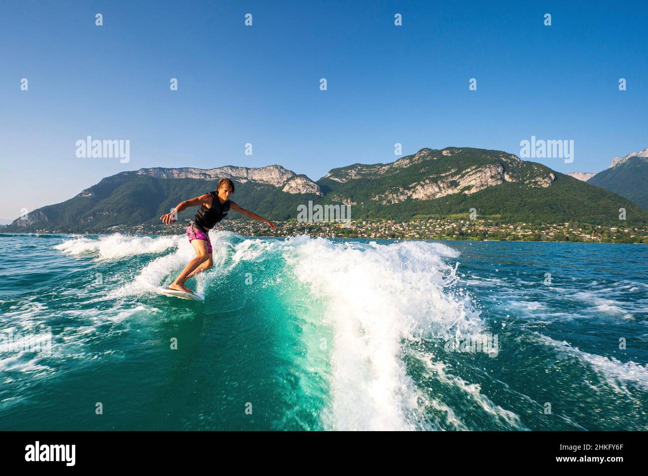 France, Haute-Savoie (74), Annecy, Lake Annecy, wakesurfer Stock Photo
