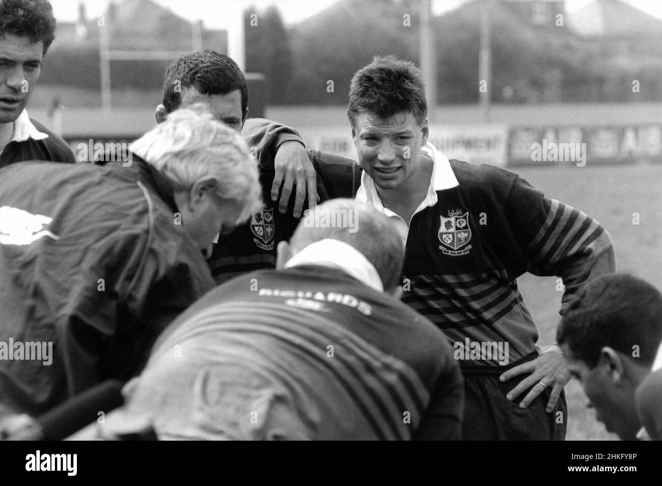 Rob Andrew and team mates listen to team manager Geoff Cooke during training for the 1993 British and Irish Lions tour of New Zealand Stock Photo