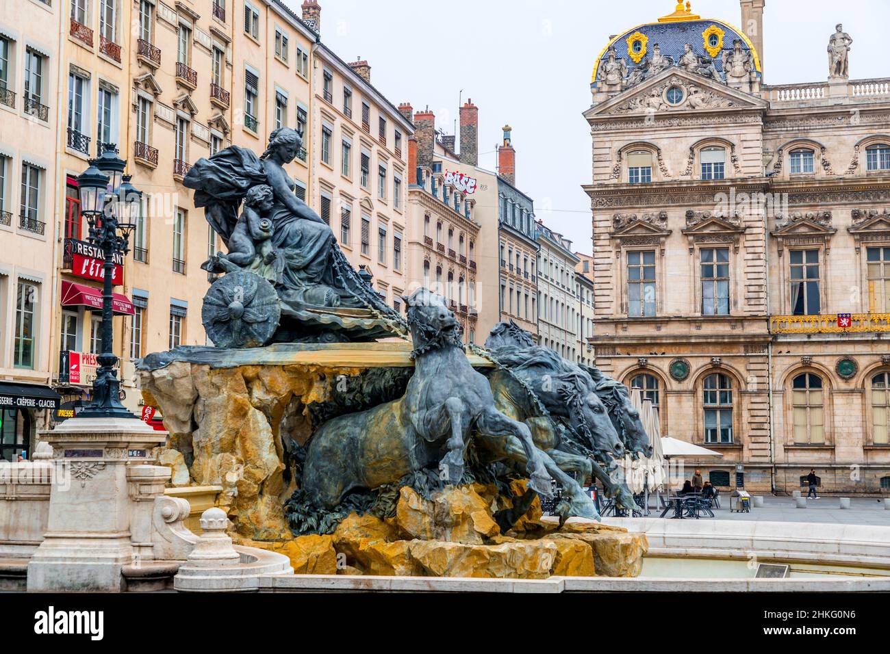 Lyon, France - JAN 26, 2022: Fontaine Bartholdi is a fountain sculpted by Frederic Auguste Bartholdi and realised in 1889 by Gaget & Gautier. Place de Stock Photo