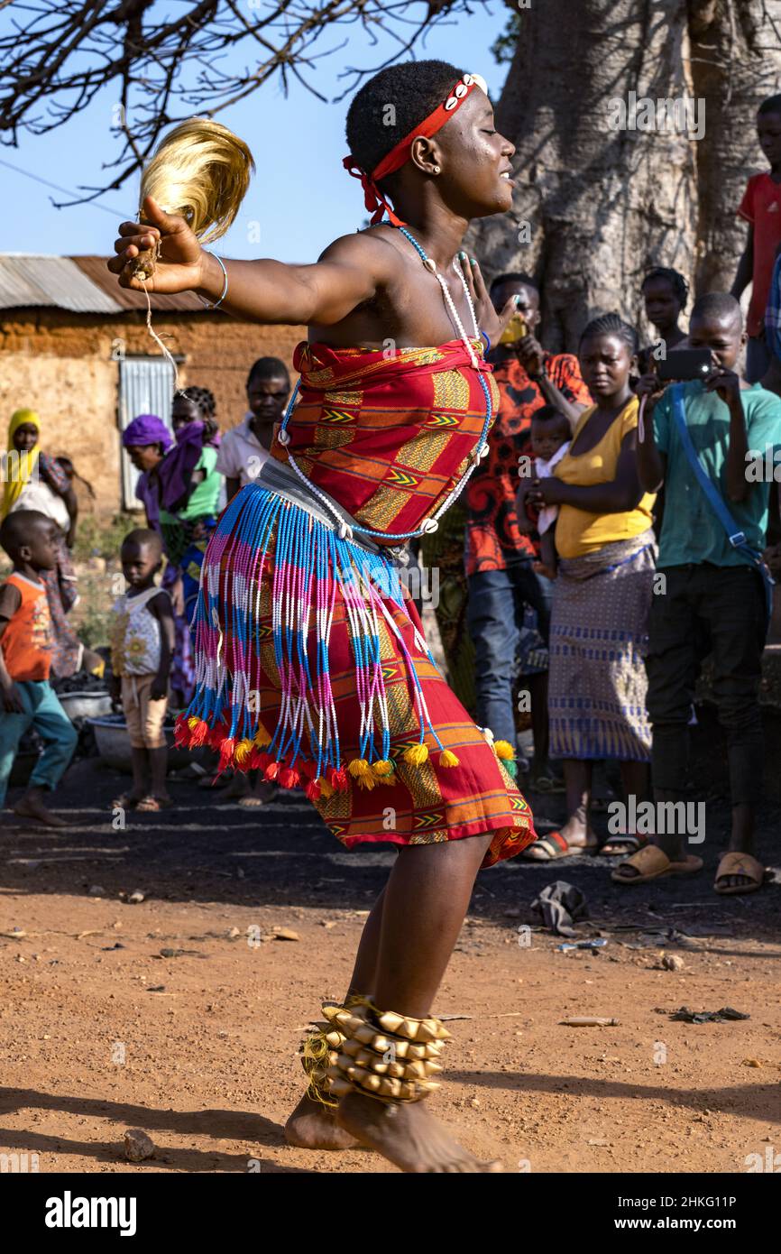 Benin, Natitingou, Waou tribal dance called Wama comemorating the end of the crops Stock Photo