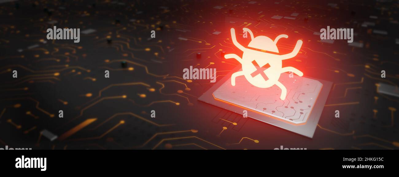 software bug. Circuit board bug icon hologram 3D Rendering Stock Photo