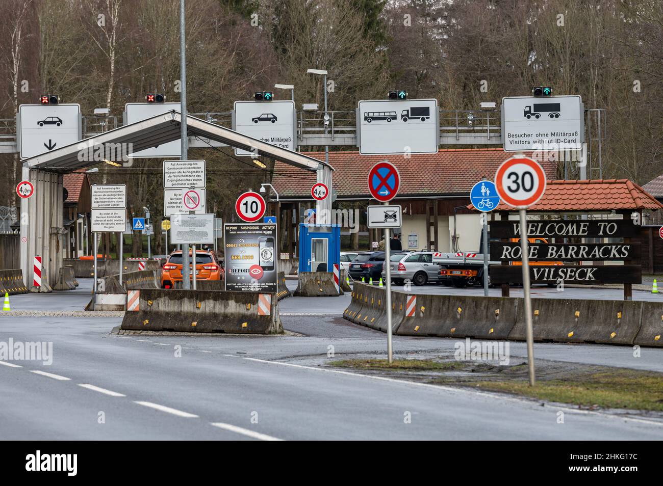 Vilseck, Germany. 04th Feb, 2022. The entrance to the Rose Barracks Vilseck  at the Grafenwoehr military training area. One thousand American soldiers  are to be transferred from the Vilseck site to Romania,