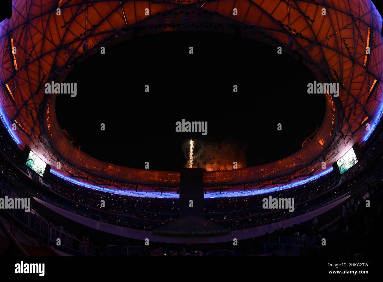 Beijing, China. 4th Feb, 2022. Firework shows the countdown to the opening ceremony of the Beijing 2022 Olympic Winter Games at the National Stadium in Beijing, capital of China. Credit: Li Ga/Xinhua/Alamy Live News Stock Photo