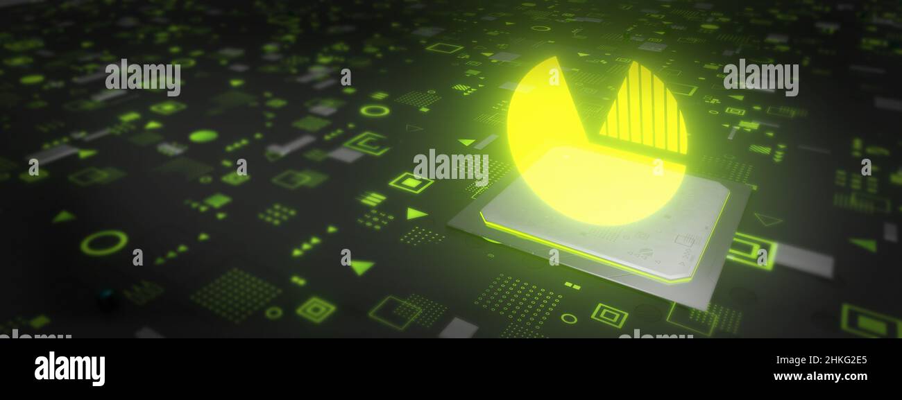 Finance pie graph glowing technology circuit 3D Illustration Stock Photo