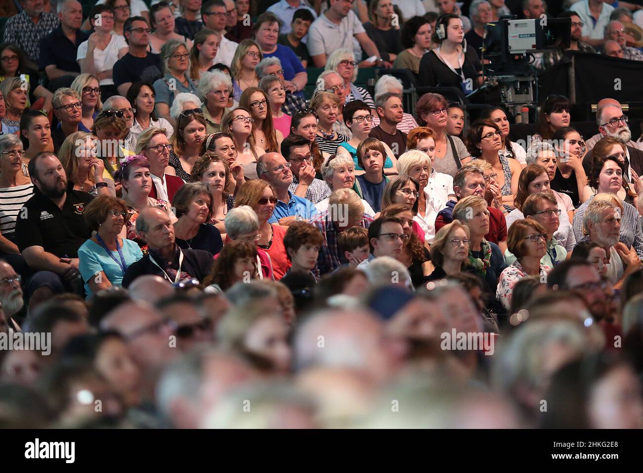 Hay Festival, the audience in the main Tata tent, in Hay-On-Wye, Powys ...