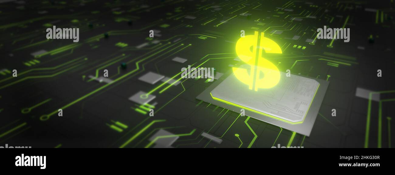 American Dollar Sign Hologram Over Futuristic Electronic Circuit Banner 3D Rendering Stock Photo