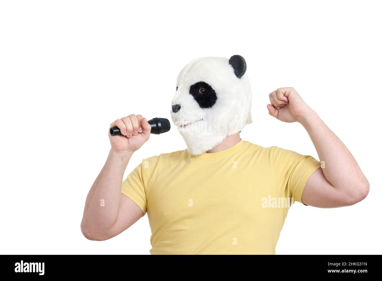 Man wearing a panda mask head singing with a microphone isolated Stock ...