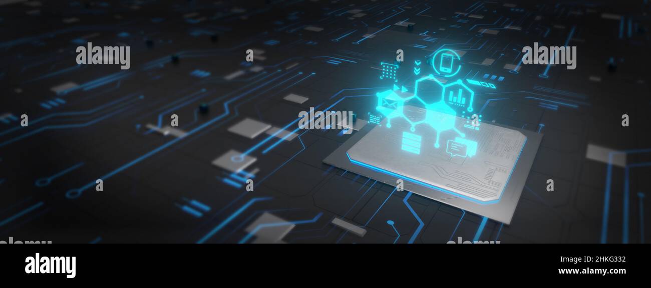 Safety computer. Network security technology with computer processor chip on digital motherboard background. Internet data privacy, cybersecurity 3D R Stock Photo