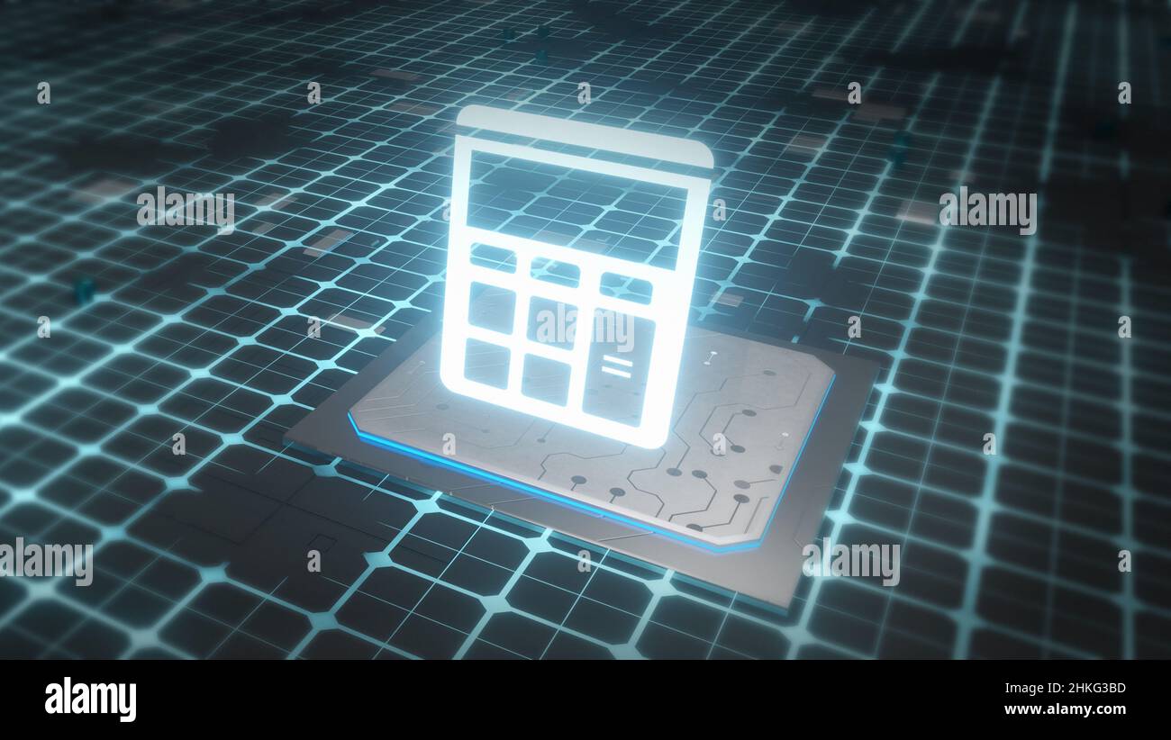 Calculator on digital network technology background. 3d illustration Stock Photo