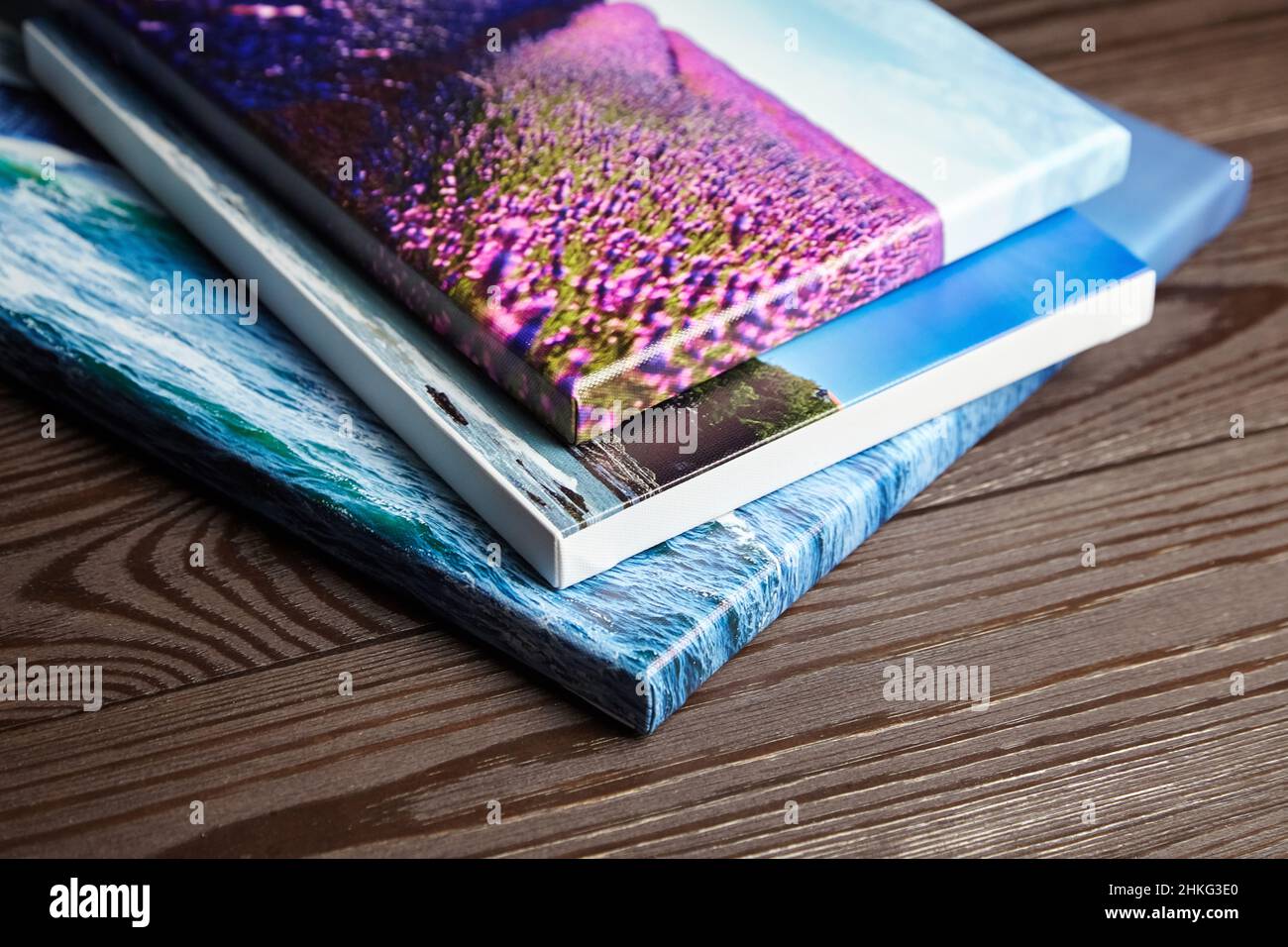 Canvas photo prints stretched onto frame with white edge and gallery wrap Stock Photo