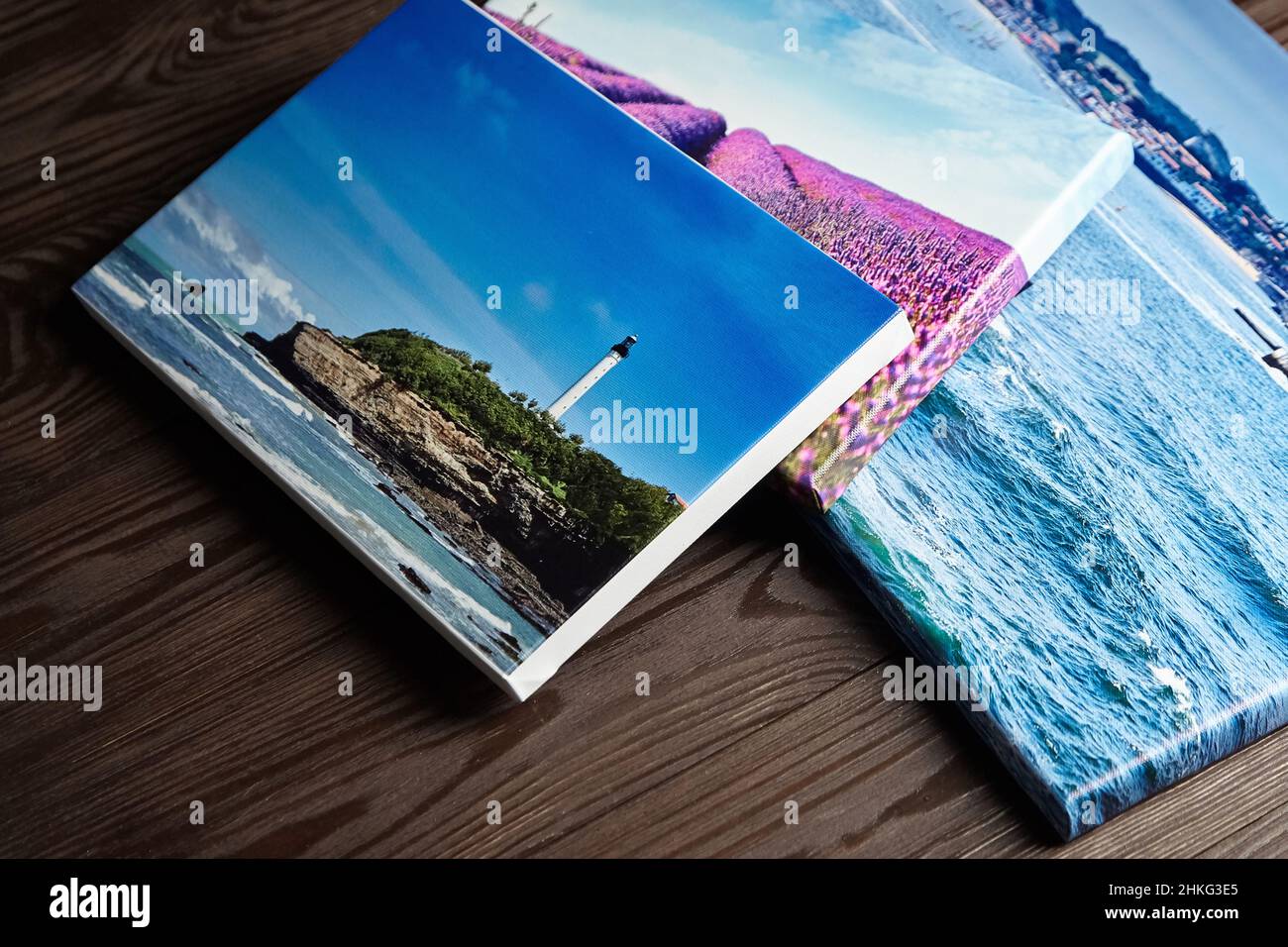 Canvas photo prints stretched onto frame with white edge and gallery wrap Stock Photo