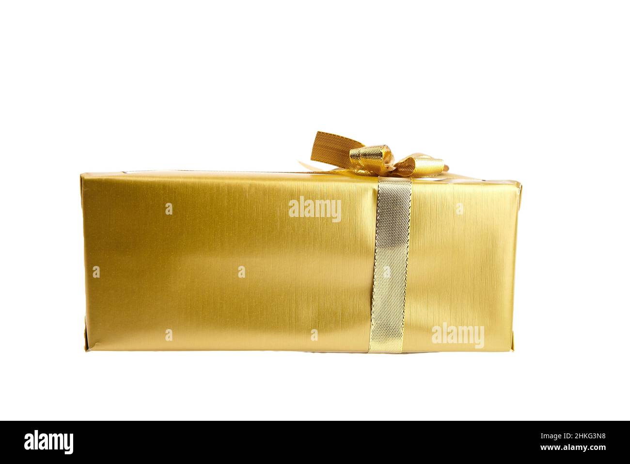 Gift box with golden bow isolated on white background Stock Photo - Alamy