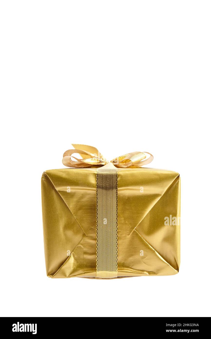 Gift box with golden bow isolated on white background Stock Photo - Alamy