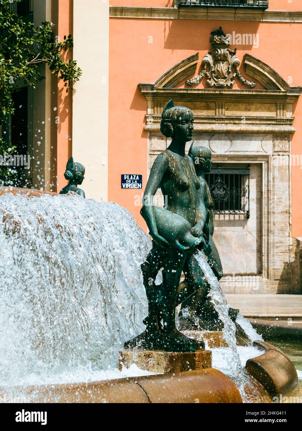 Sculptures around the Turia fountain in Plaza de la Virgen in the old town of Valencia, Spain, Europe Stock Photo