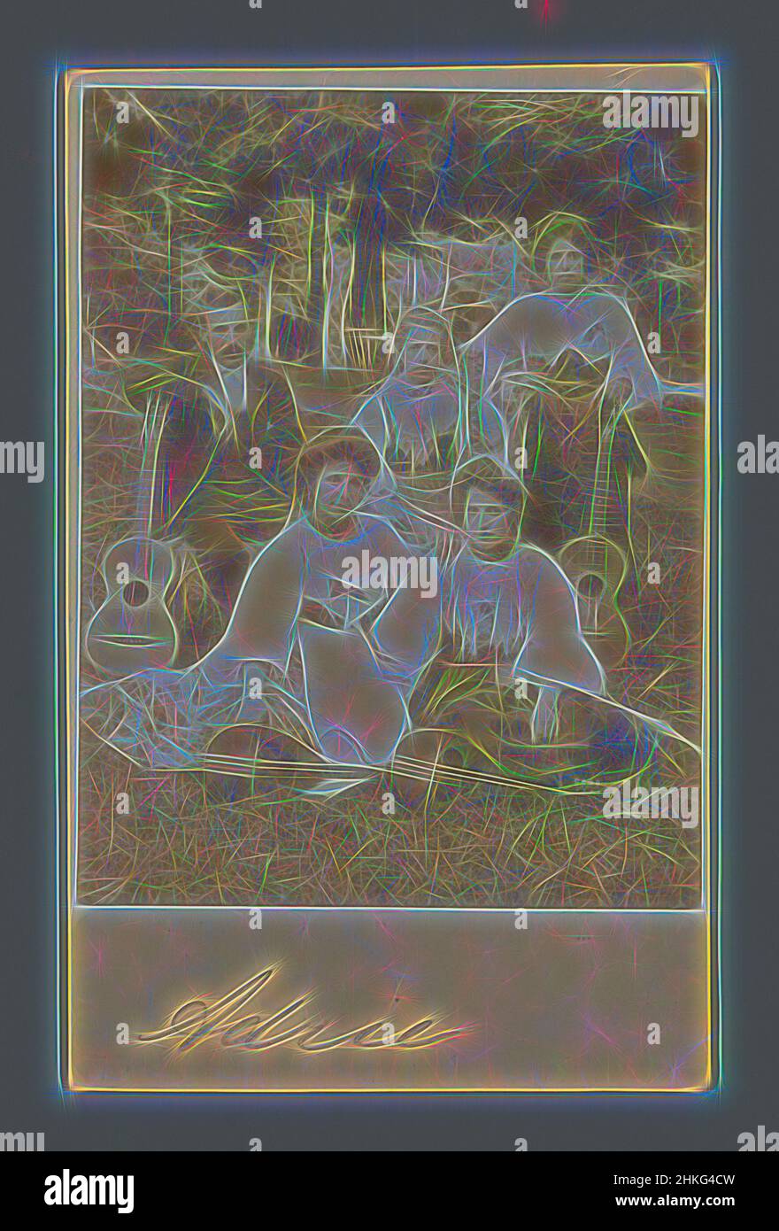 Inspired by Group portrait of members of a musical ensemble with stringed instruments, c. 1900 - in or before 1907, gelatin silver print, height 110 mm × width 84 mm, Reimagined by Artotop. Classic art reinvented with a modern twist. Design of warm cheerful glowing of brightness and light ray radiance. Photography inspired by surrealism and futurism, embracing dynamic energy of modern technology, movement, speed and revolutionize culture Stock Photo
