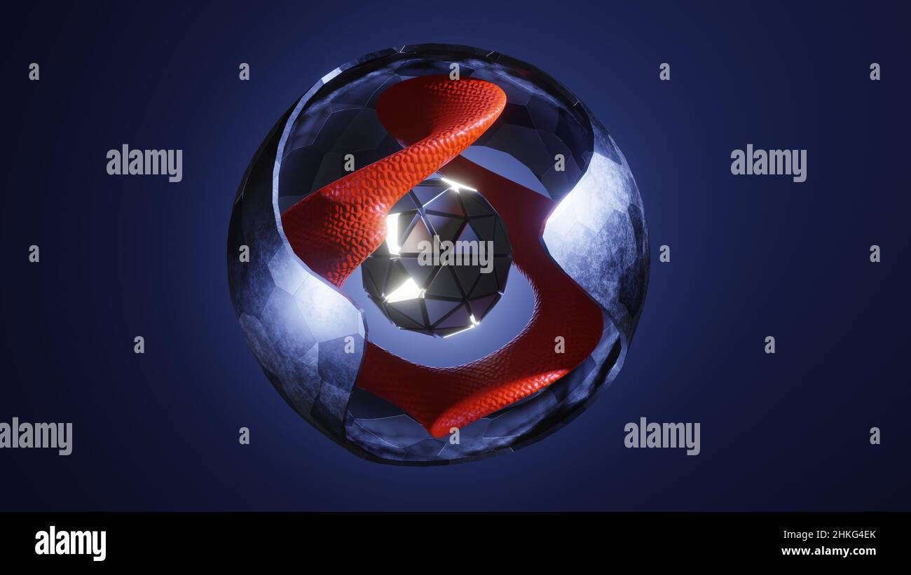 3D Render. Sci-fi object with energy at center. Rotation metal sphere ...