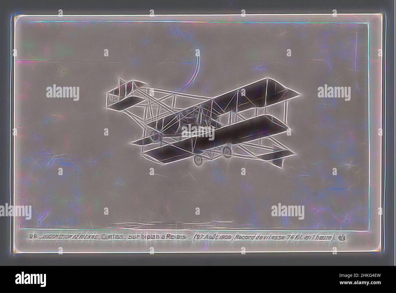 Inspired by Glenn Curtiss in his plane at Reims, Locomotion aérienne Curtiss, sur biplan à Reims (27 Aoüt 1909, Record de vitesse 74 Kil. en 1 heure), Fr. Rose, Reims, 27-Aug-1909, gelatin silver print, height 78 mm × width 132 mm, Reimagined by Artotop. Classic art reinvented with a modern twist. Design of warm cheerful glowing of brightness and light ray radiance. Photography inspired by surrealism and futurism, embracing dynamic energy of modern technology, movement, speed and revolutionize culture Stock Photo