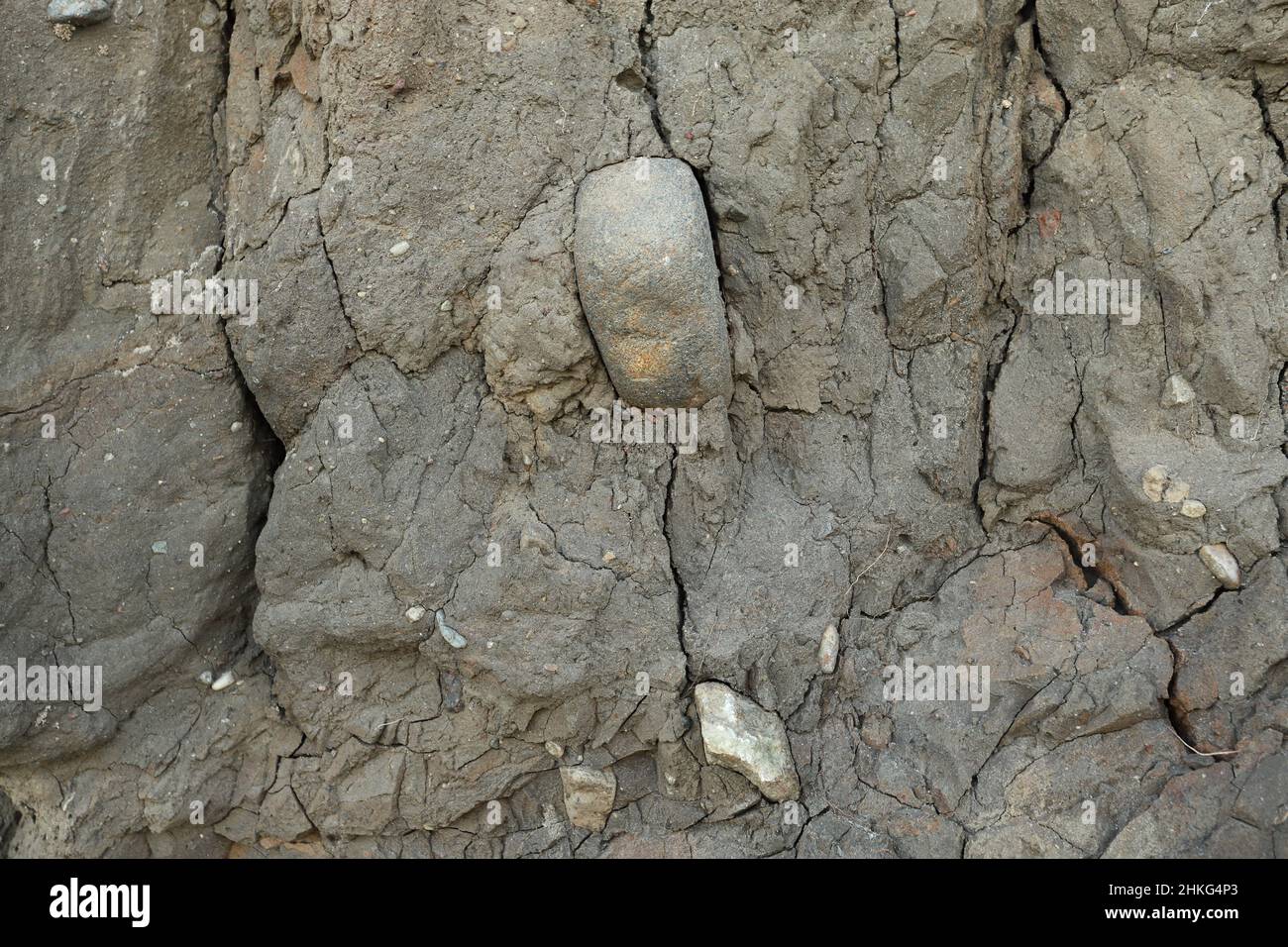 Stone in clay soil with cracks deposit in wall Stock Photo