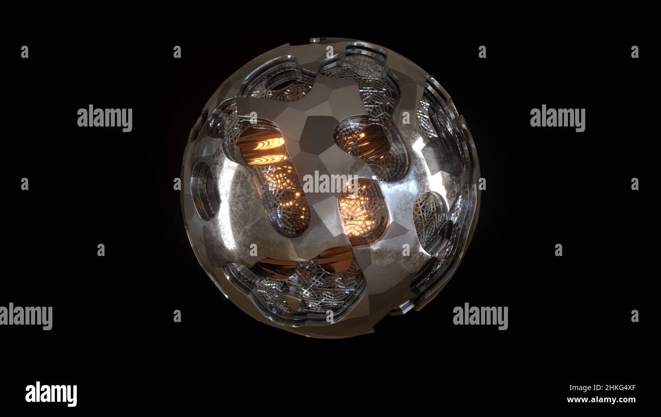 3D Render. Sci-fi object with glowing energy at center. Rotation metal ...