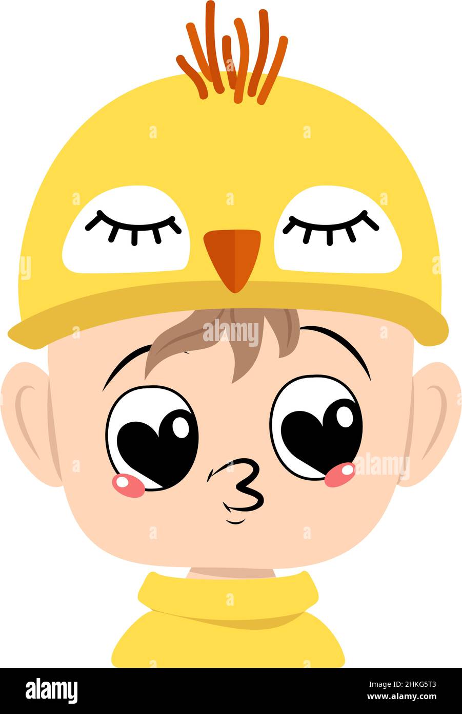 Avatar of boy with big heart eyes and kiss lips in cute yellow chicken hat. Head of child with joyful face for holiday Easter, New Year or costume for party. Vector flat illustration Stock Vector