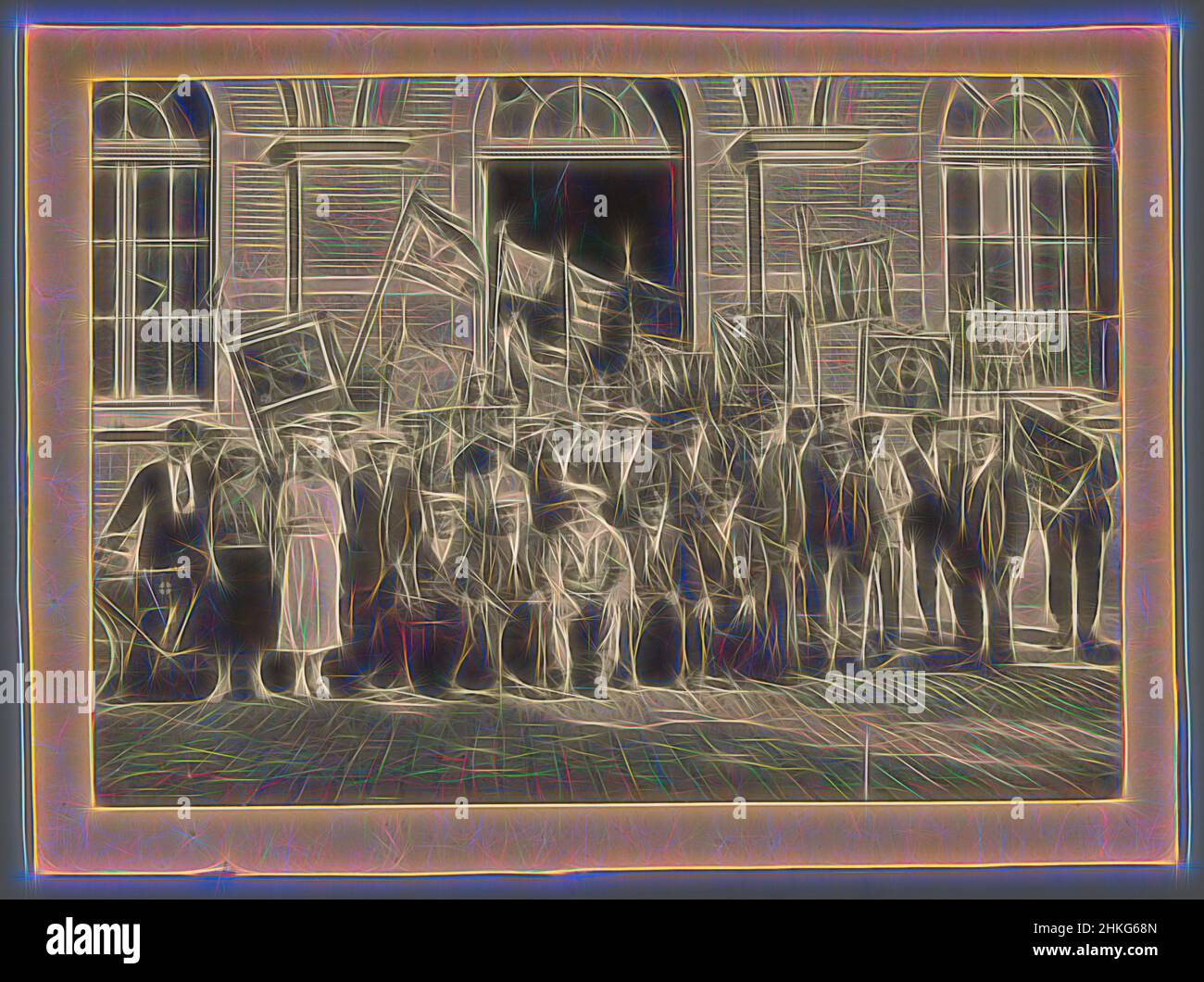 Inspired by Group portrait of members of the Socialist Wheelwrights on a platform, Belgium, in or after 1921 - c. 1925, gelatin silver print, height 147 mm × width 210 mm, Reimagined by Artotop. Classic art reinvented with a modern twist. Design of warm cheerful glowing of brightness and light ray radiance. Photography inspired by surrealism and futurism, embracing dynamic energy of modern technology, movement, speed and revolutionize culture Stock Photo