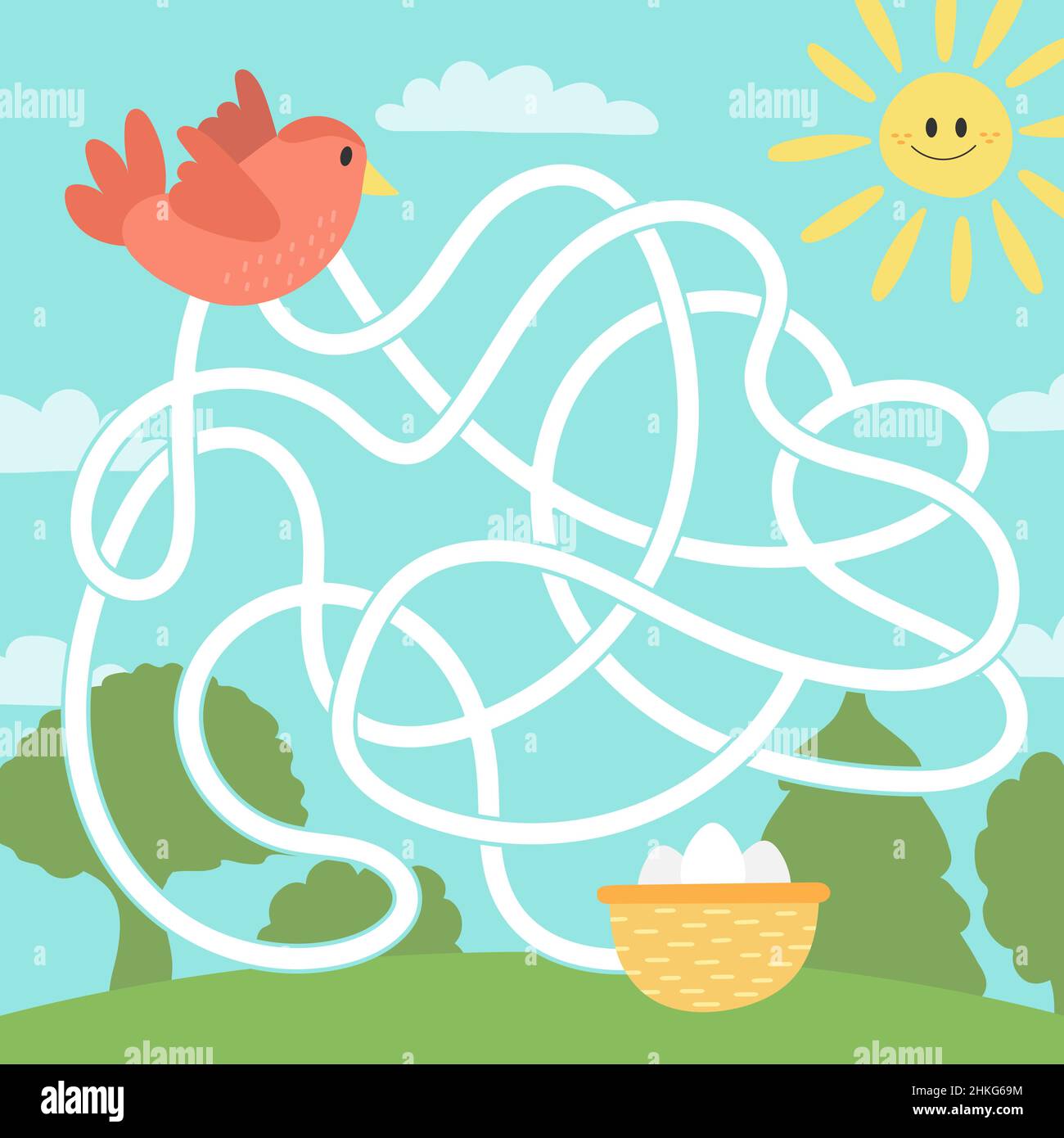 Maze game for children, education worksheet. Bird and nest with eggs