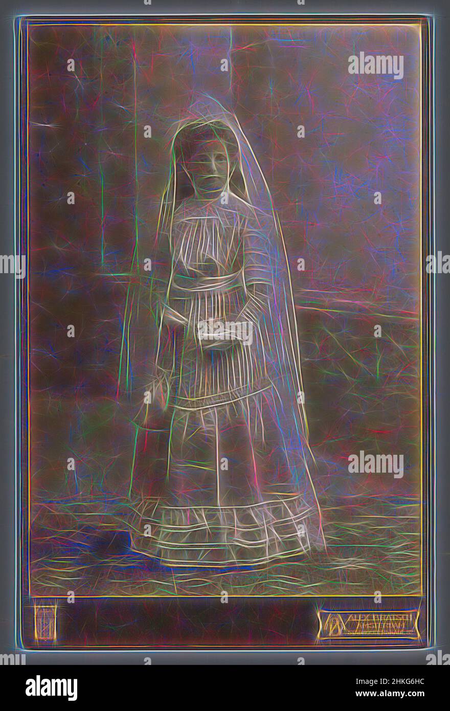 Inspired by Portrait of an unknown girl in a communion dress, Alex Bratsch, Amsterdam, c. 1901 - c. 1913, height 149 mm × width 103 mm, Reimagined by Artotop. Classic art reinvented with a modern twist. Design of warm cheerful glowing of brightness and light ray radiance. Photography inspired by surrealism and futurism, embracing dynamic energy of modern technology, movement, speed and revolutionize culture Stock Photo