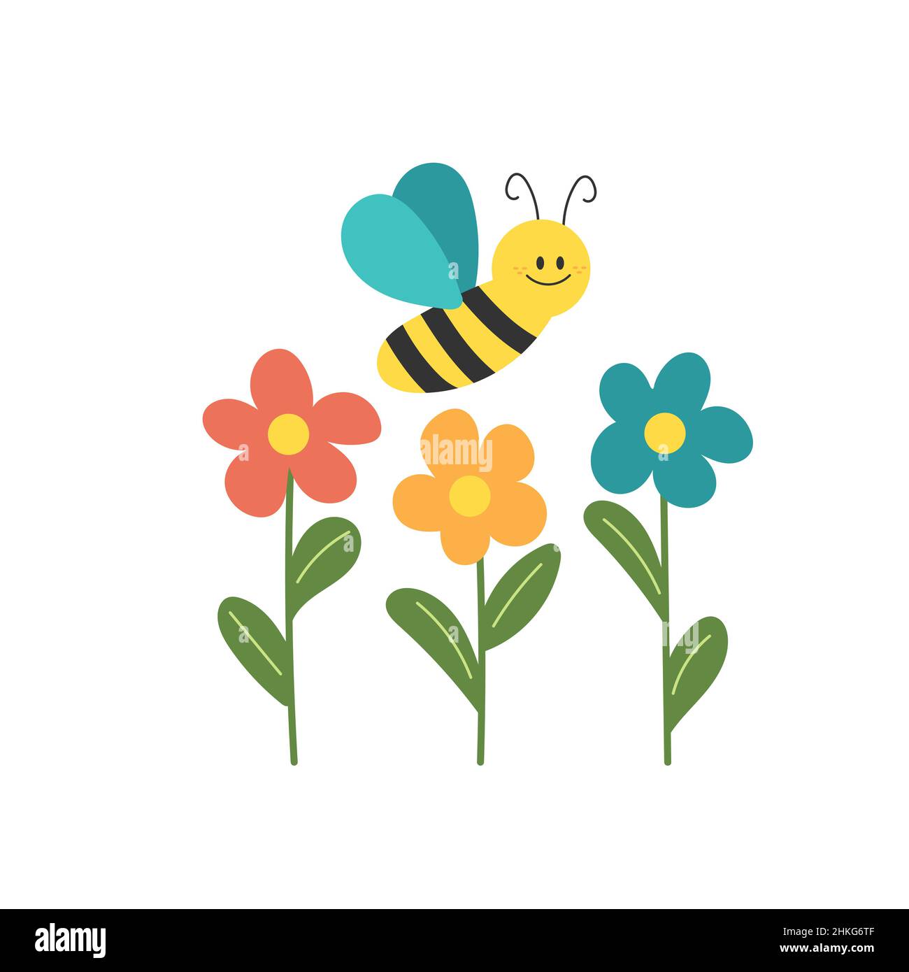 Cute bee with flowers on white background. Flat style design - minimal