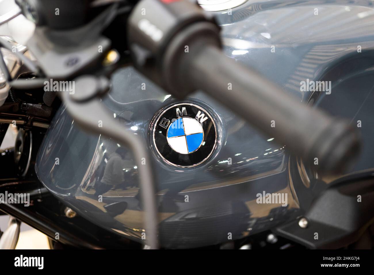 Close up of a BMW logo on motorcycle tank. Stock Photo