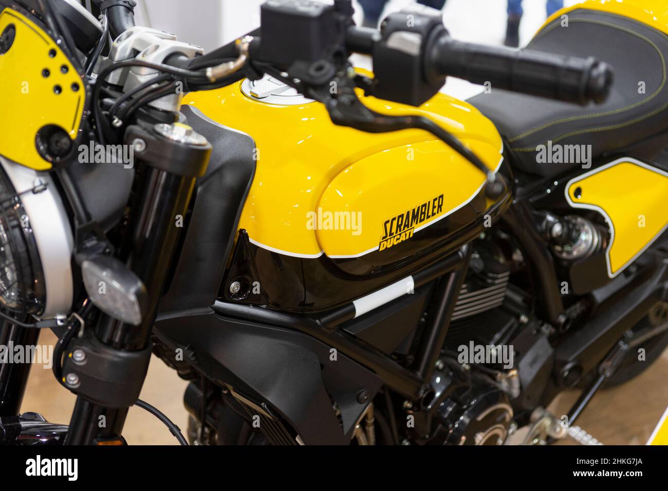 View of yellow Ducati Scrambler Motorbike. International Motorcycle Exhibition, Istanbul. Stock Photo