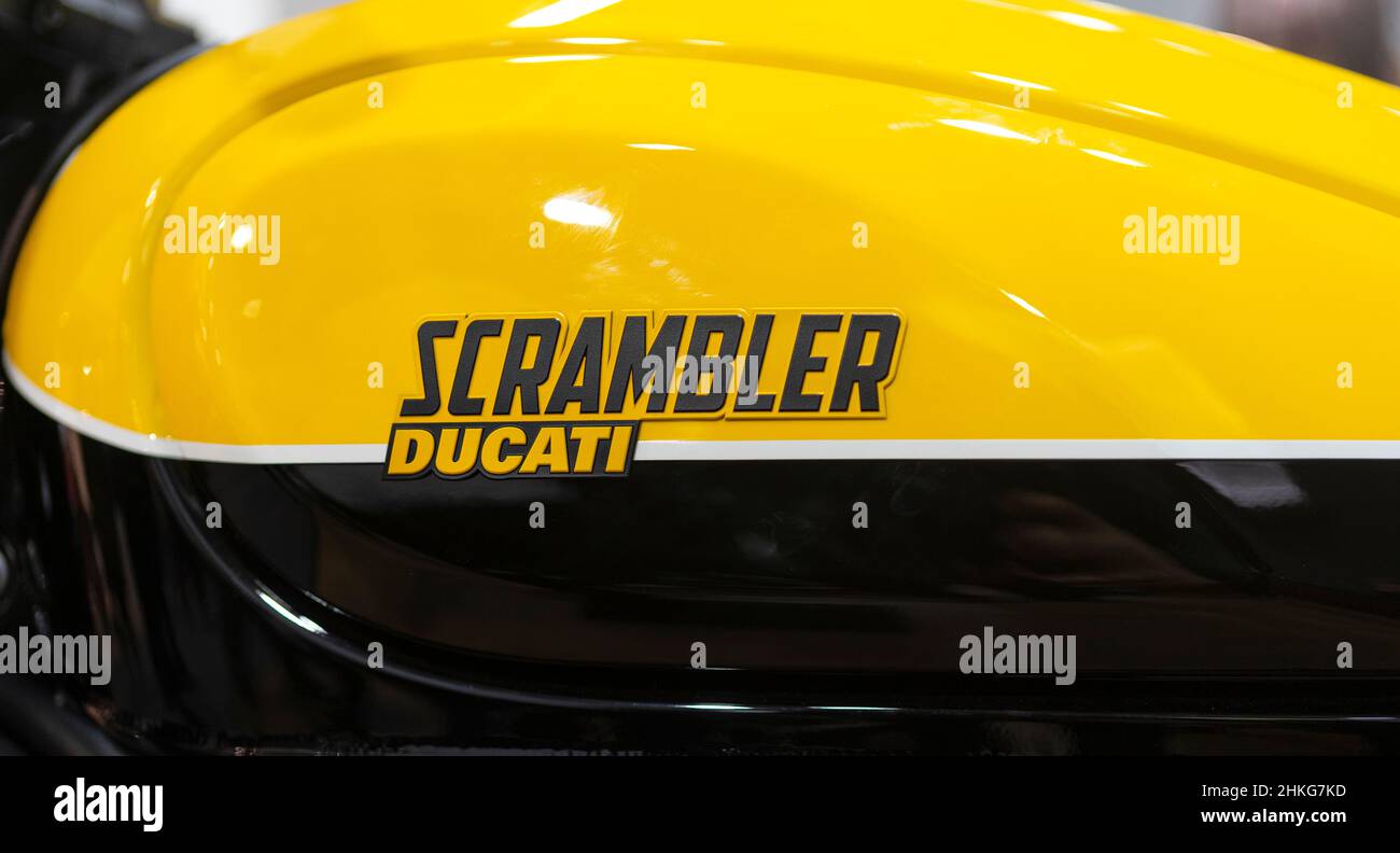 Ducati Scrambler emblem and logo on the gas tank of motorbike. International Motorcycle Exhibition, Istanbul. Stock Photo