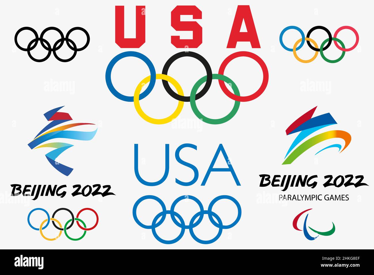 SAINTPETERSBURG, RUSSIA, FEBRUARY 4 2022 Set of logos Olympic Games