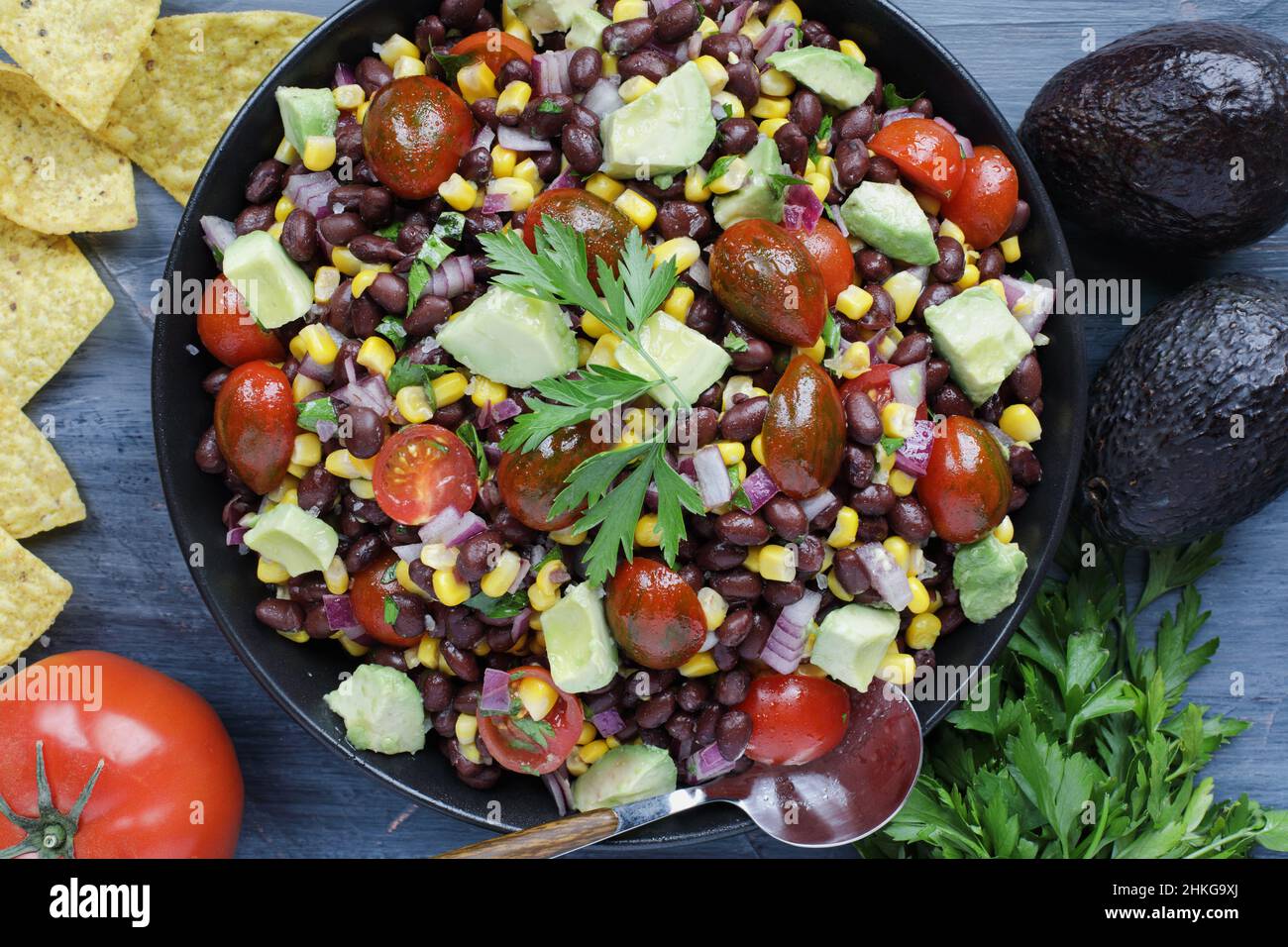 Homemade Mexican black bean and corn salad or Texas caviar bean dip