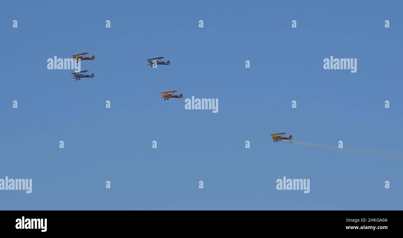 Tigermoth Planes Flying in a Southern Cross Formation during Australia Day Celebrations in Perth Stock Photo