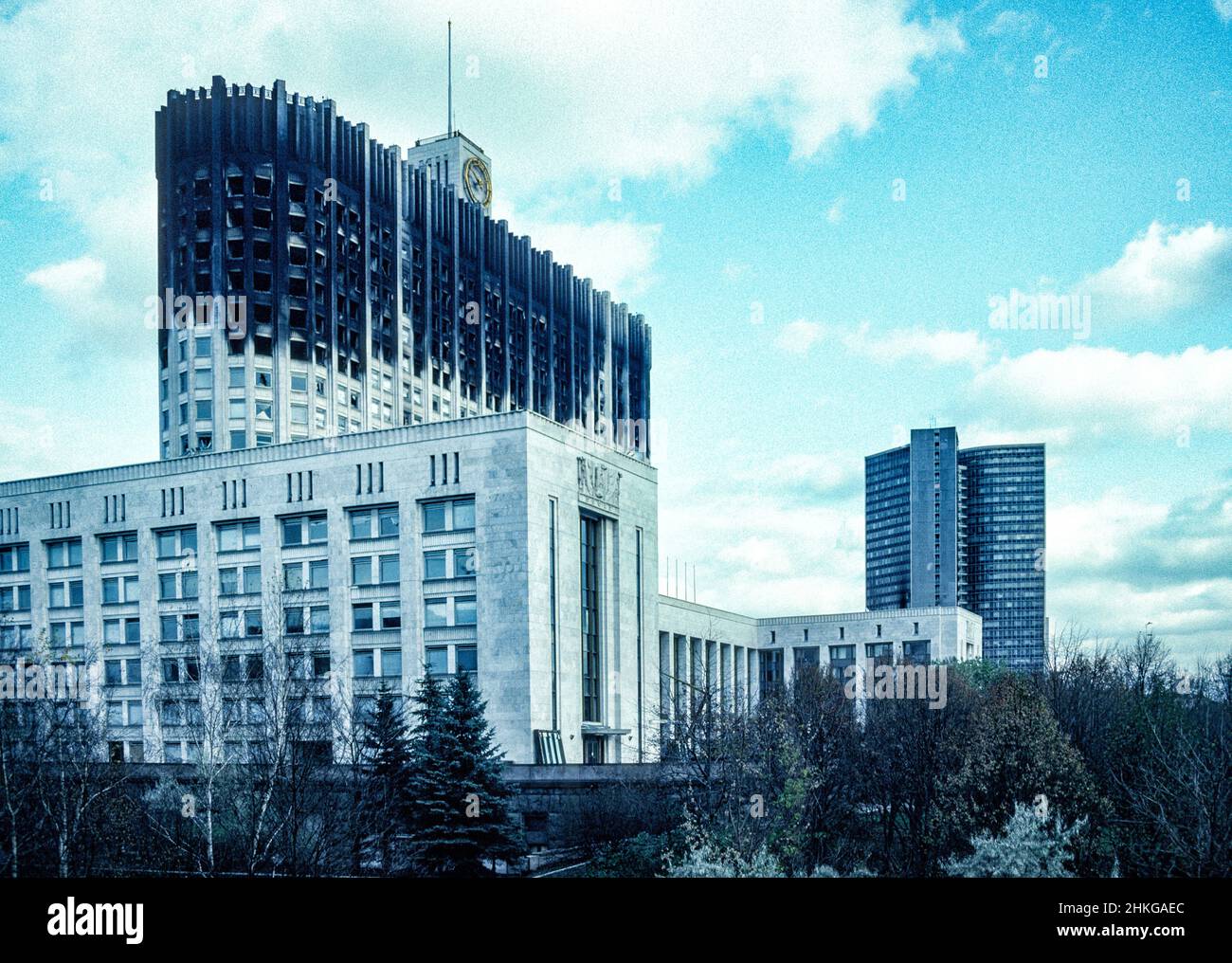 1993: The House of the Government of the Russian Federation, damaged after shelling during the 1993 Russian constitutional crisis. Stock Photo