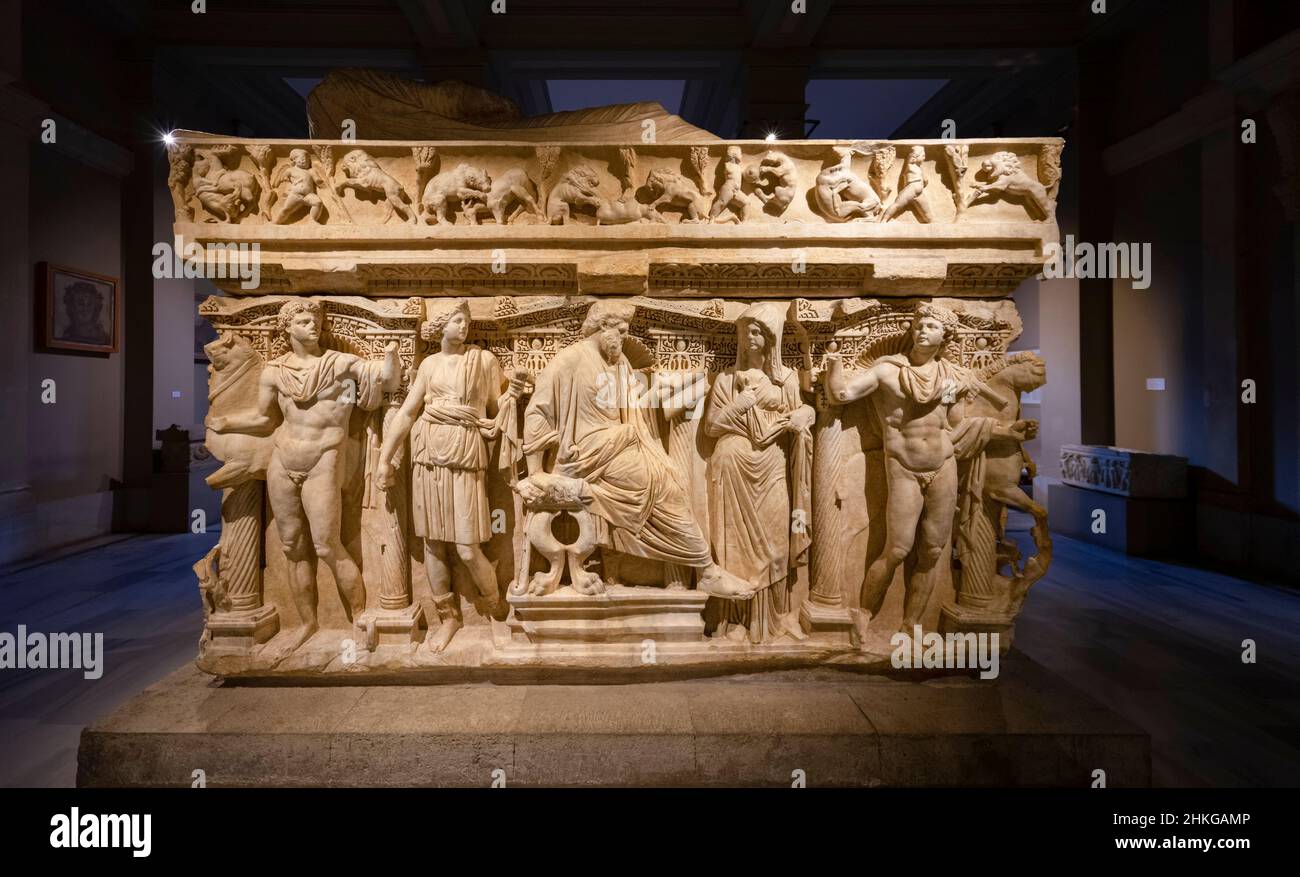 View of The Sarcophagus of Sidamara in Istanbul Archaeology Museum, Turkey. Stock Photo