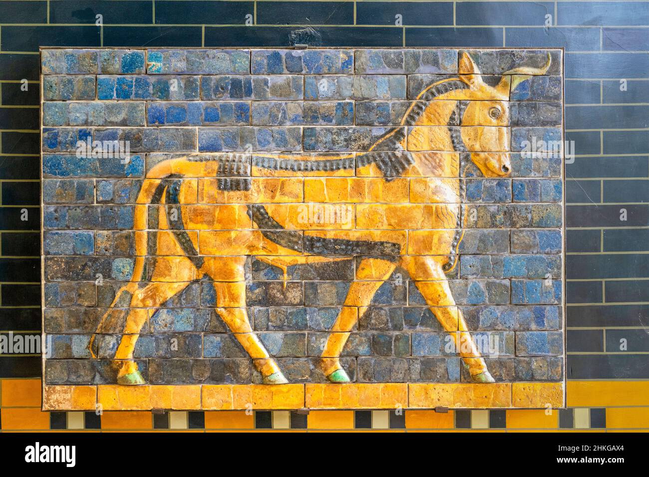 Relief of bull on the Ishtar Gate, details of the Babylon Ischtar Tor. Stock Photo