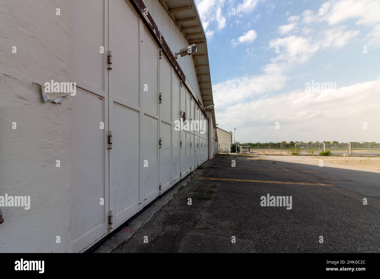 Flight hangar with view of the runway atabandoned US Airbase Heidelberg. NATO Stock Photo