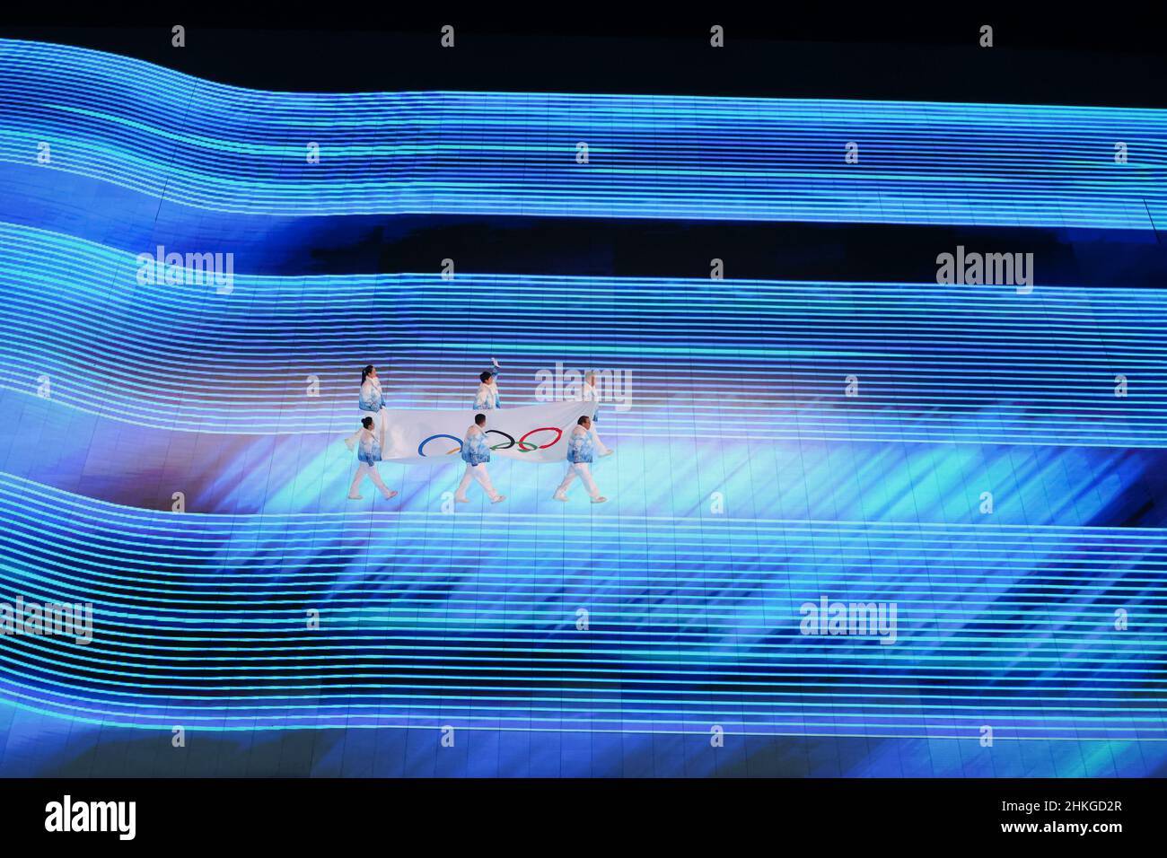 Beijing, China. 04th Feb, 2022. BEIJING, CHINA - FEBRUARY 4: Zhihuan Luo, Hui Zhang, Jiajun Li, Xue Shen, Xiaopeng Han and Hong Zhang carry the IOC Flag during the opening ceremony of the Beijing 2022 Olympic Games at the National Stadium on February 4, 2022 in Beijing, China (Photo by Iris van den Broek/Orange Pictures) Credit: Orange Pics BV/Alamy Live News Stock Photo