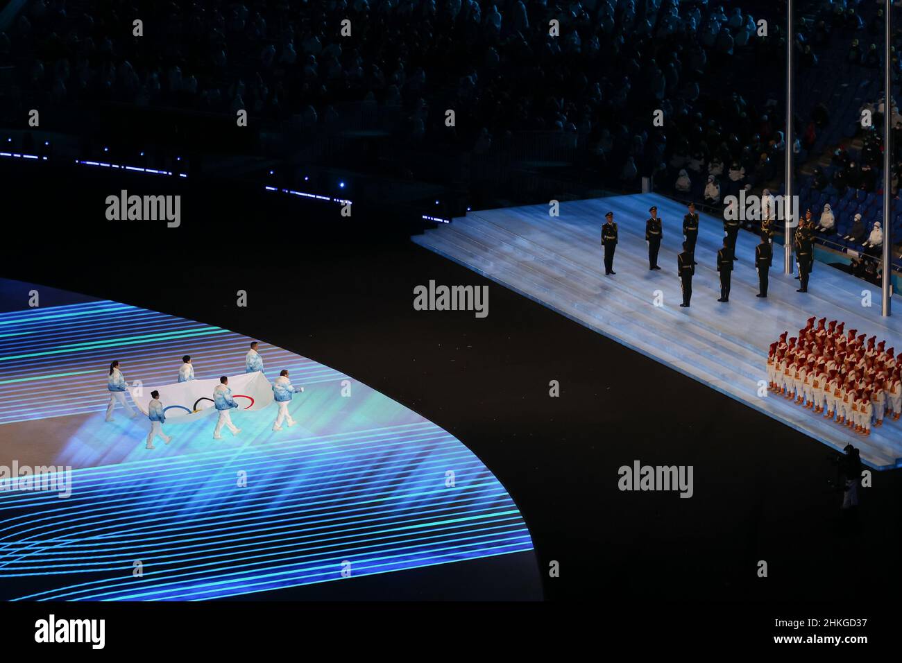 Beijing, China. 04th Feb, 2022. BEIJING, CHINA - FEBRUARY 4: Zhihuan Luo, Hui Zhang, Jiajun Li, Xue Shen, Xiaopeng Han and Hong Zhang carry the IOC Flag during the opening ceremony of the Beijing 2022 Olympic Games at the National Stadium on February 4, 2022 in Beijing, China (Photo by Iris van den Broek/Orange Pictures) Credit: Orange Pics BV/Alamy Live News Stock Photo