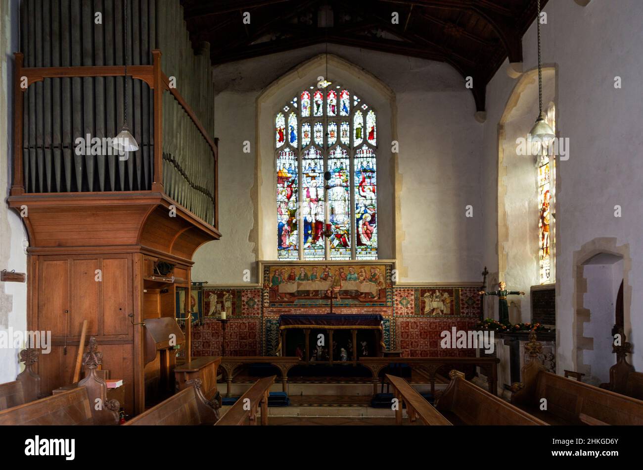 Interior of Oakley church, Suffolk, England, UK view of altar and east ...