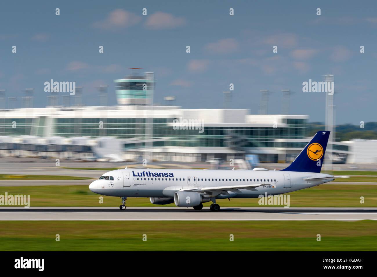 Munich, Germany - September 12. 2021: Lufthansa Airbus A320-214 with the aircraft registration D-AIZF is starting on the southern runway 26L of the Mu Stock Photo