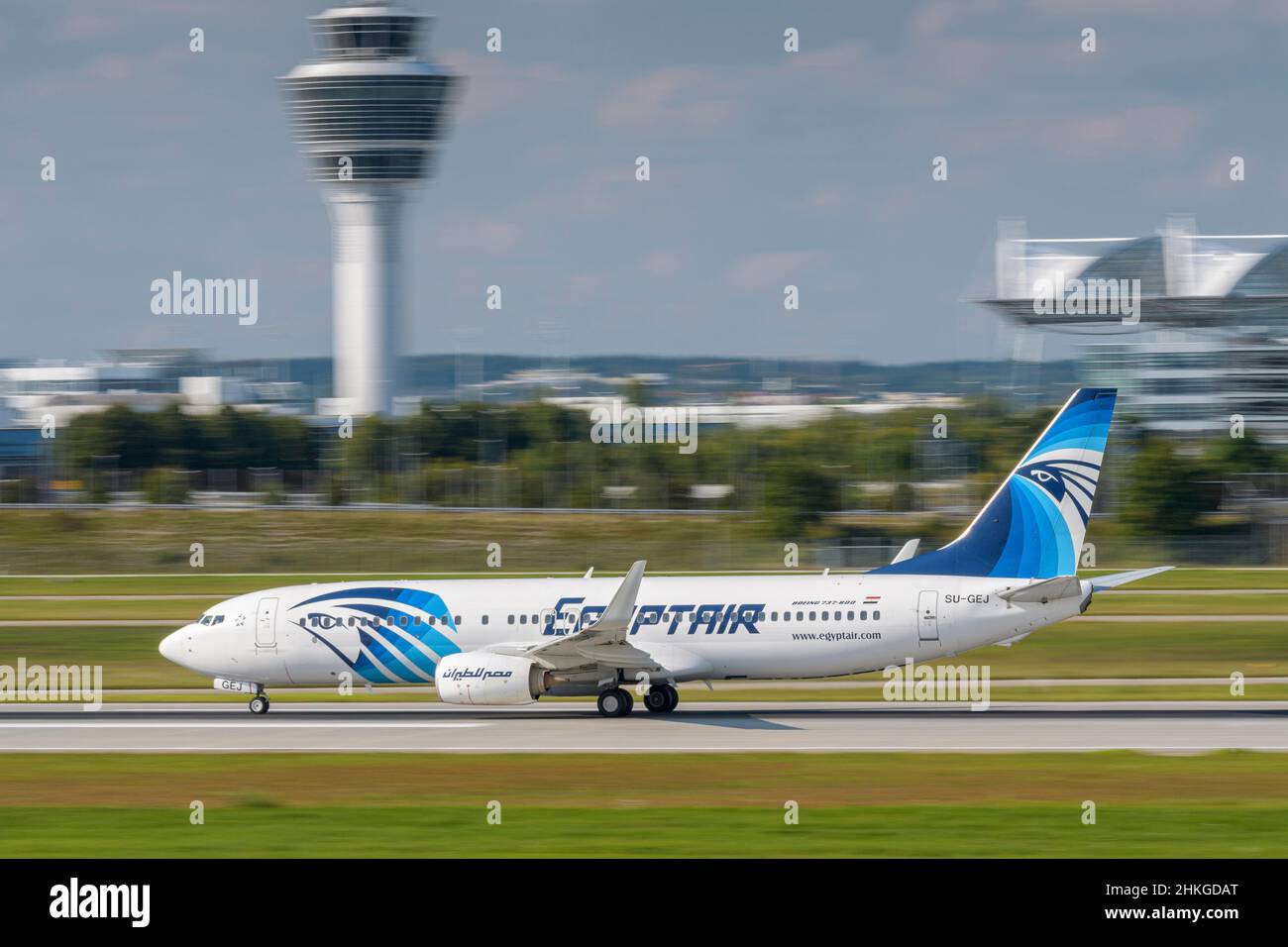 Munich, Germany - September 12. 2021: EgyptAir Boeing 737-866 with the aircraft registration SU-GEJ is starting on the southern runway 26L of the Muni Stock Photo