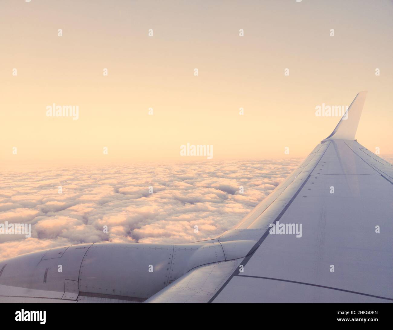 wing of airplane flying over cloudy sky at dawn Stock Photo