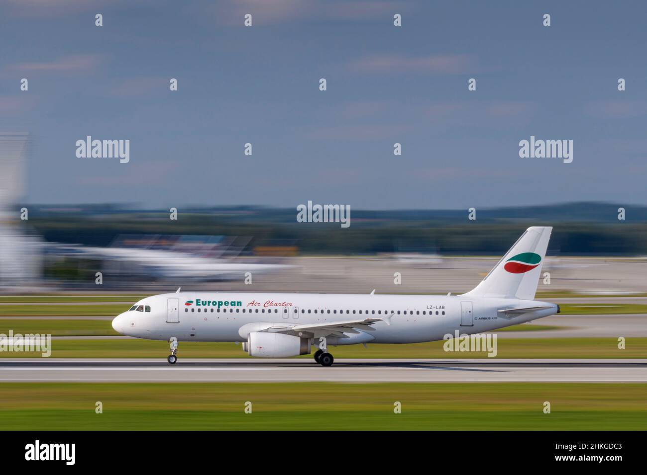 Munich, Germany - September 12. 2021: European Air Charter Airbus A320-231 with the aircraft registration LZ-LAB is starting on the southern runway 26 Stock Photo